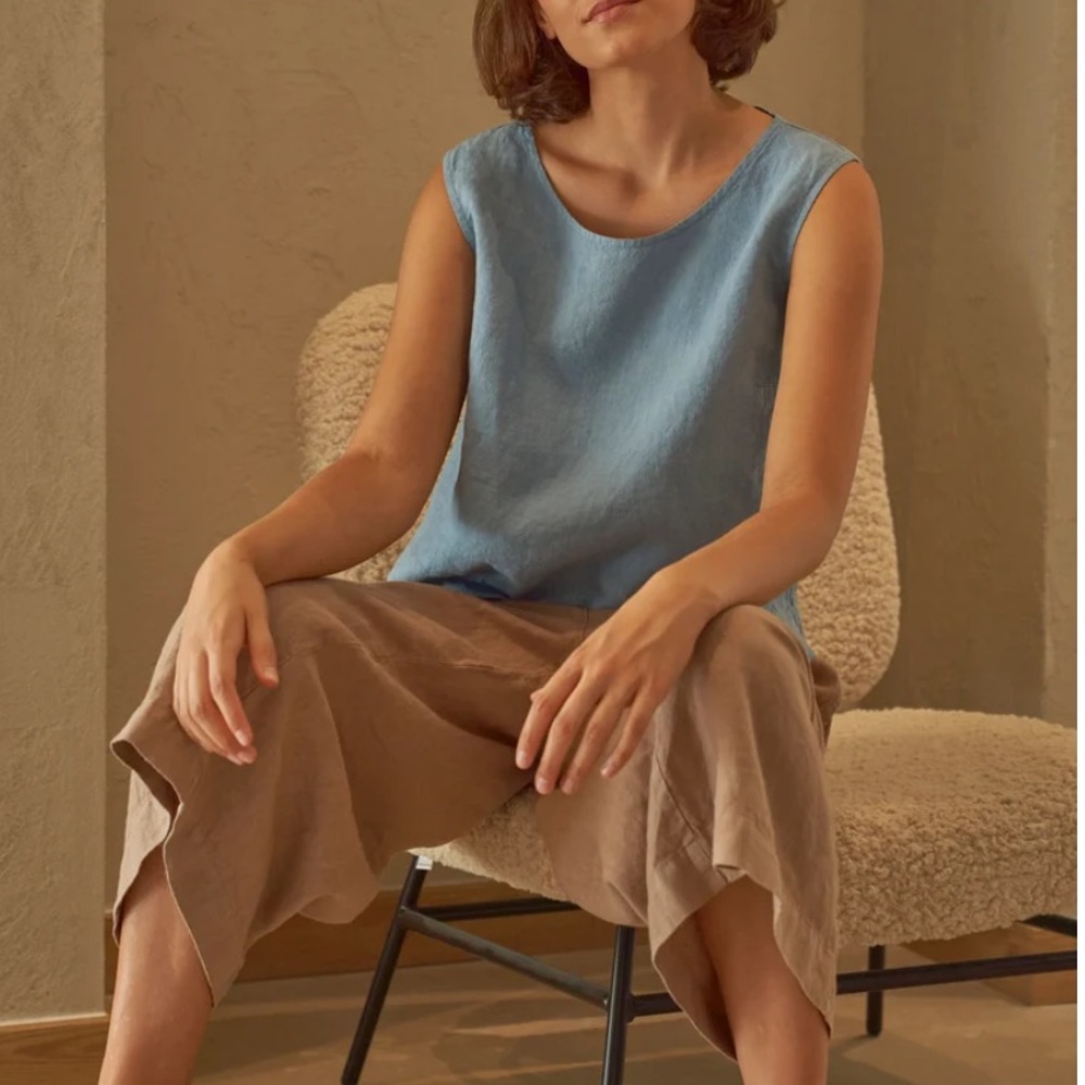 100% Linen Top Steel Blue Sleeveless Women's Boxy Blouse S Lands Downunder Italy